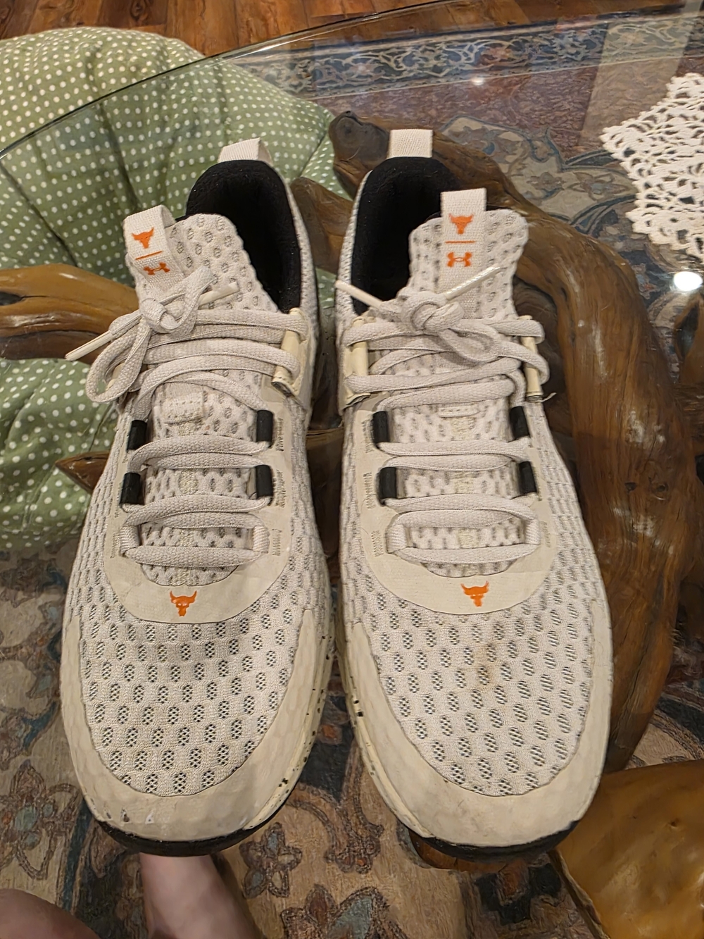 Under Armour Project Rock Sand Mesh Trainers with Orange Logo